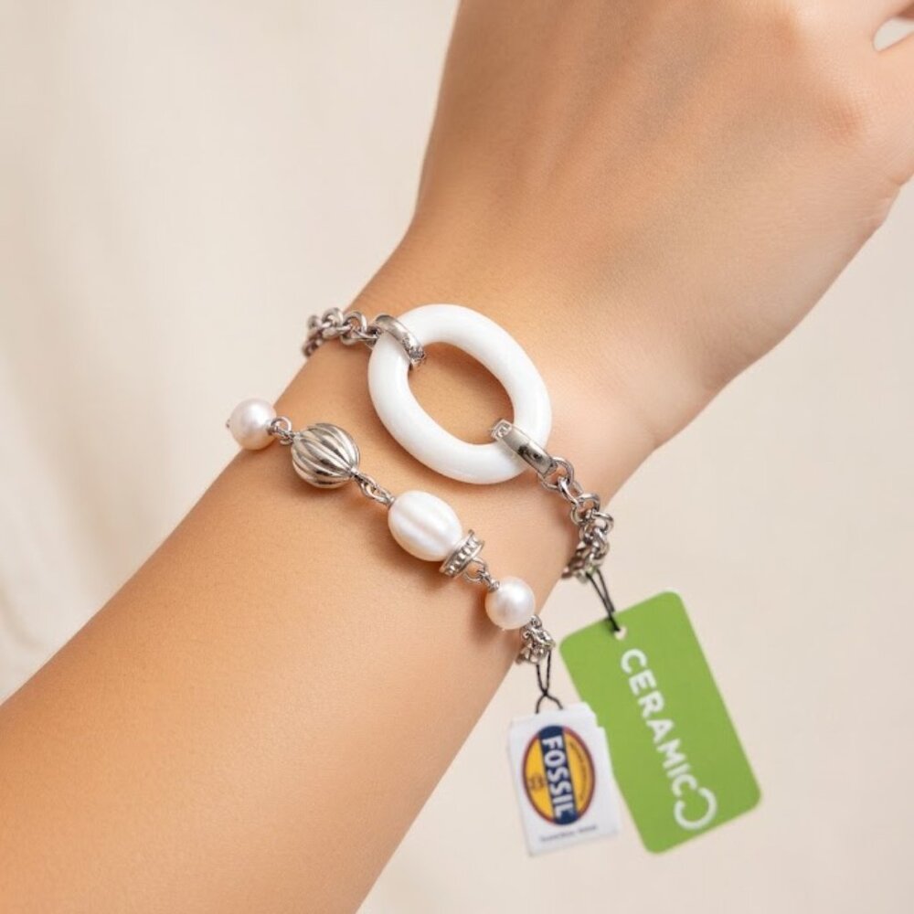 NWT Fossil White Ceramic & Silver Beaded Bracelet - Original Tin